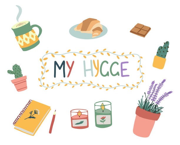 可爱的hygge元素向量插图:薰衣草，笔记本，蜡烛，咖啡，仙人掌，巧克力，杯子，羊角面包，灯框架。我hygge刻字。北欧风格。完美的卡片，海报，贴纸，打印图片下载