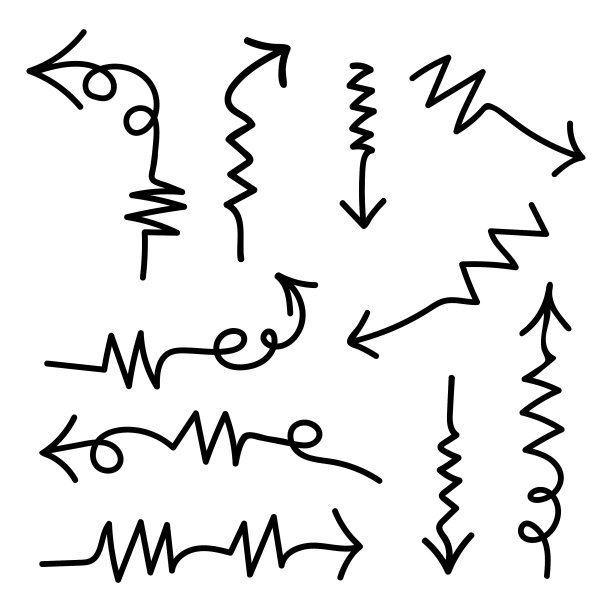 在白色背景上以曲线和之字形形式出现的一组黑色矢量箭头图片下载