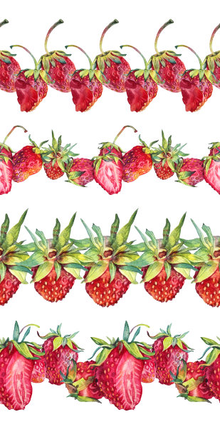 设置无缝边界水彩草莓与绿色叶子在白色背景。手工绘制的甜夏季浆果厨房食品。菜单上可爱的红色水果甜点。烹饪书，速写本图片下载