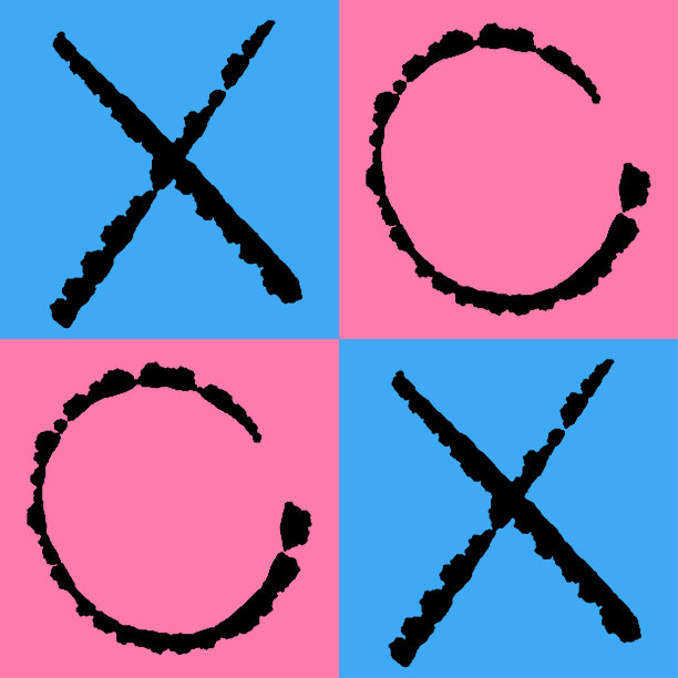 一字棋手画游戏在蓝色和粉红色的背景为男孩和女孩。第一个爱。情人节快乐图片下载