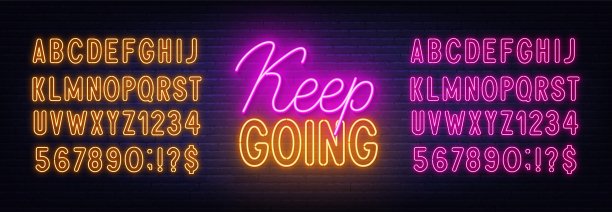 继续霓虹灯在砖墙背景上。图片下载