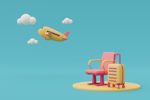 机场候机厅行李箱的3d渲染与飞机，在线旅游和旅游规划概念。图片下载