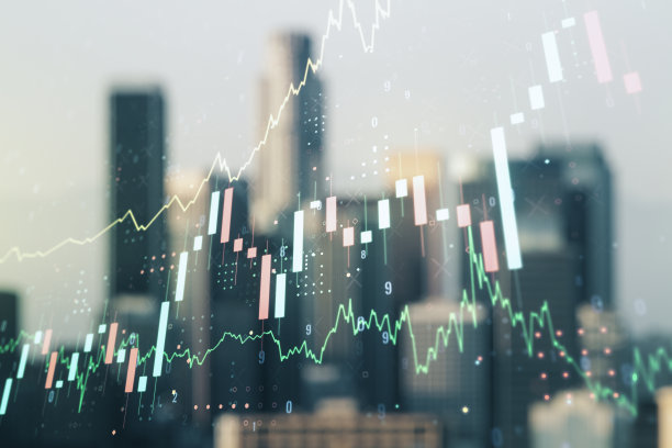 摘要虚拟金融图是以模糊的摩天大楼为背景的全息图，金融和交易的概念。Multiexposure图片下载