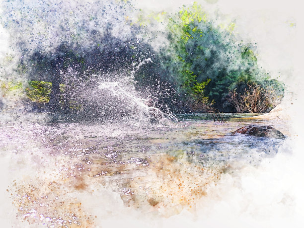 抽象的树和山脉在水彩插图绘画背景。图片下载