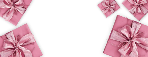 母亲节礼品卡，粉红色的盒子与粉红色闪亮的丝带蝴蝶结，孤立在白色背景，空白模板布局与复制空间，俯视图，也为妇女节或贺卡图片下载