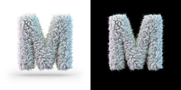 大写字母m。白色绒毛字体在黑色和白色的背景。3 d图片下载