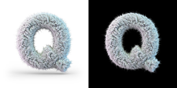 大写字母q。白色绒毛字体在黑色和白色的背景。3 d图片下载