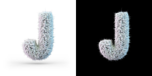 大写字母j。白色绒毛字体在黑色和白色的背景。3 d图片下载