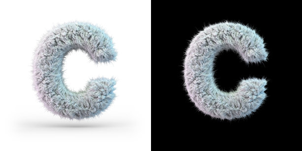 大写字母c。白色绒毛字体在黑色和白色的背景。3 d图片下载