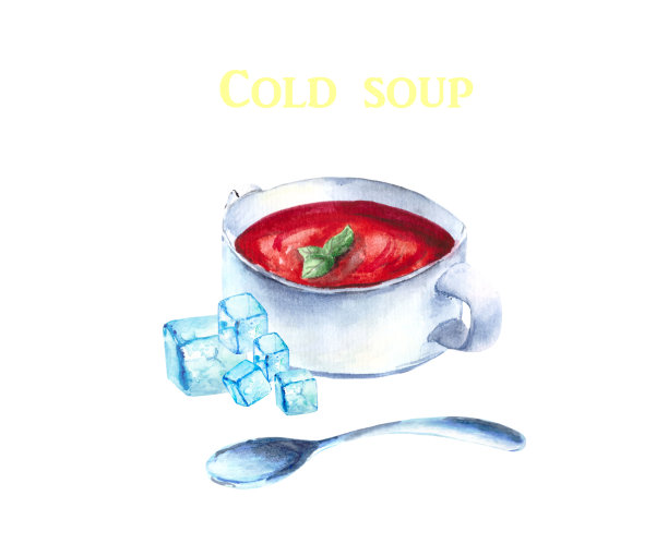 冷番茄汤，罗勒和冰块，孤立在白色的背景上。厨房、纺织品、餐具装饰用水彩画。图片下载