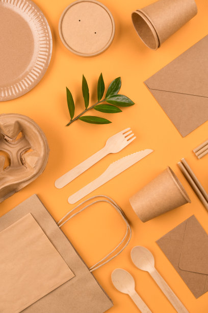 垂直图像与环保餐具-牛皮纸食品包装在黄色或橙色背景。街头食品纸包装，可回收纸制品，零浪费理念。模型,平图片下载