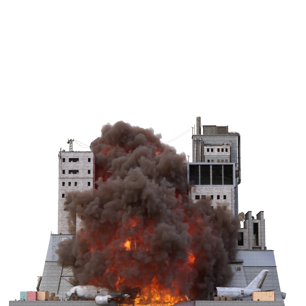 被毁的建筑在火焰孤立在白色3d插图图片下载