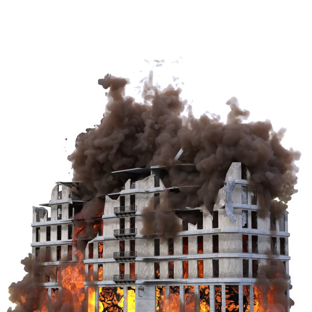 被毁的建筑在火焰孤立在白色3d插图图片下载