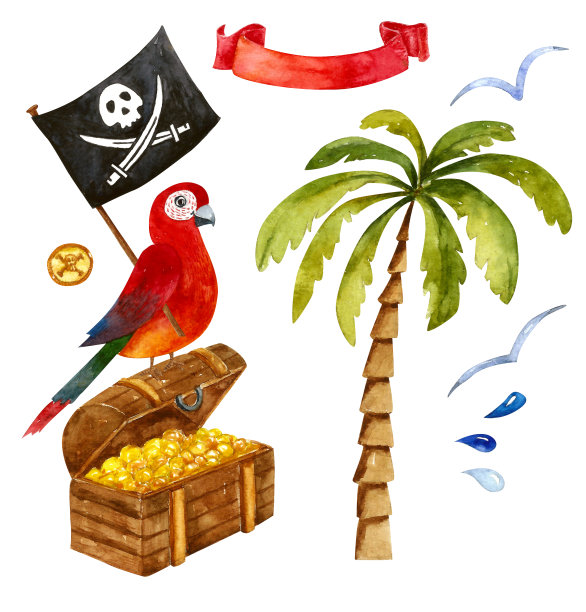 水彩手绘插图海盗设置旗帜，胸部，鹦鹉，棕榈树孤立在白色。图片下载