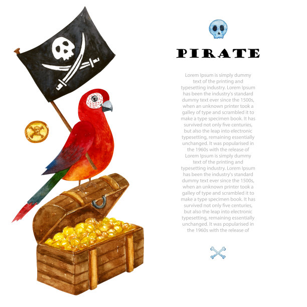 水彩手绘插图海盗设置旗帜，胸部，鹦鹉，棕榈树孤立在白色。图片下载