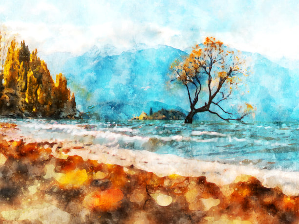 新西兰瓦纳卡湖的水彩画风格图片下载