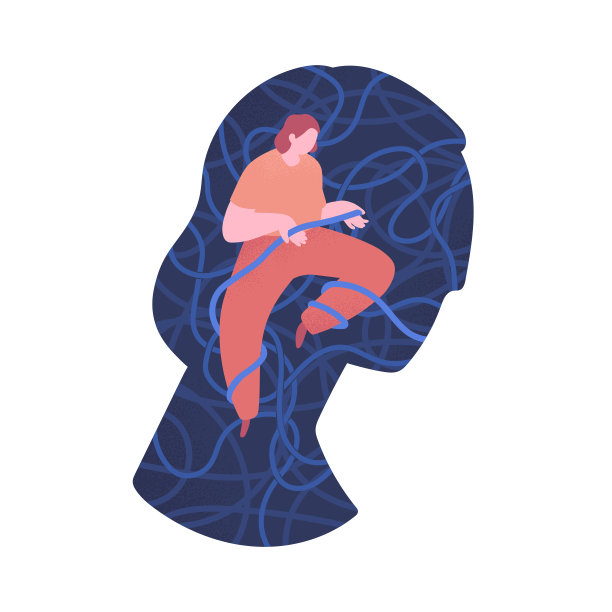概念说明。一个大脑袋里装着一个小女人。女人被自己的思想搞糊涂了。不了解自己，压力，抑郁。精神障碍或心理问题。平的卡通图片。图片下载