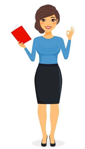 概念，女孩读了一本书，做了一个手势。商业和金融。的性格。平坦的风格在一个白色的背景。卡通图片下载