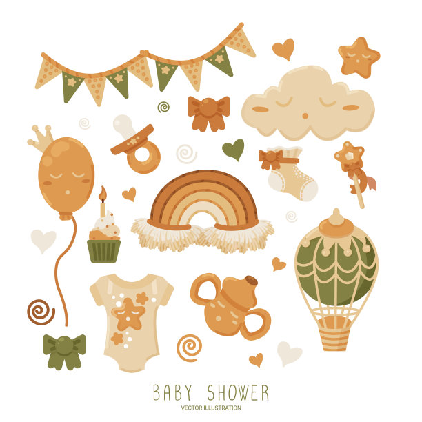 一套可爱的婴儿淋浴和性别派对对象在涂鸦和卡通风格。婴儿展示的剪贴画，育儿室装饰。准备海报，横幅，贺卡。矢量插图。图片下载