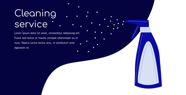 矢量横向横幅，专业的清洁服务落地页面，背景采用清洁喷雾，白色和深蓝色元素，极简的现代设计图片下载