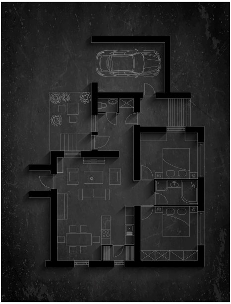 房子的平面图，在有阴影的黑板背景上。图片下载