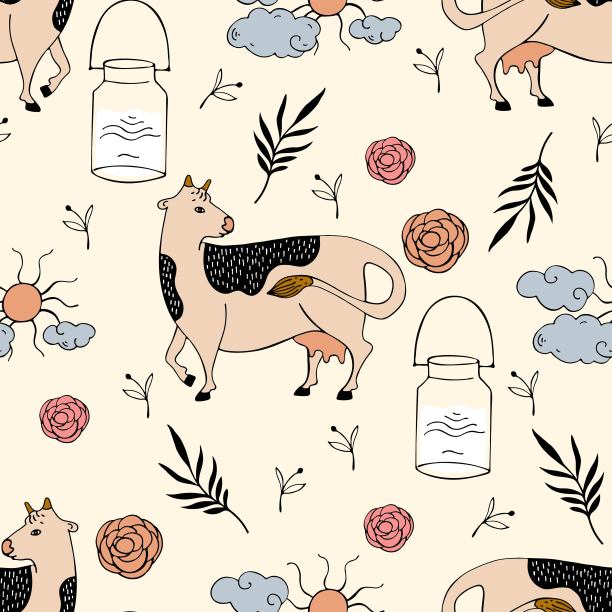 牛，花，牛奶罐，太阳和云彩。无缝的农业模式。图片下载