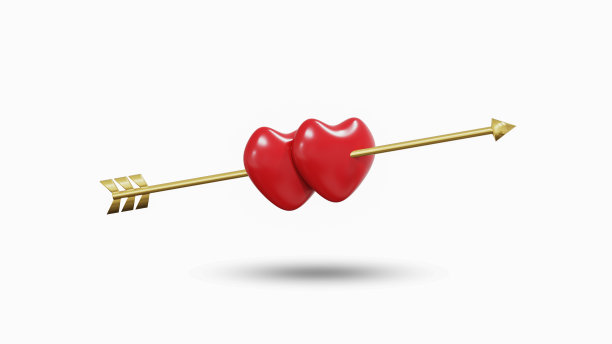 两颗心与金色箭头在白色背景与阴影，情人节，3D渲染图片下载