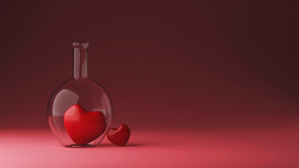 两个红心在一个粉红色背景的玻璃瓶，爱的概念，情人节，3D渲染图片下载