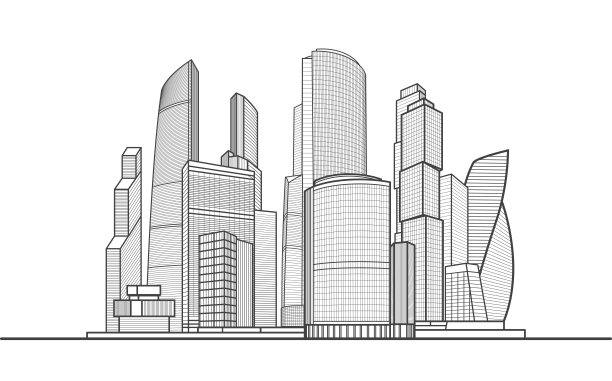 现代的城市。城市城市复杂。商务中心。基础设施概述了插图。黑色轮廓在白色背景。矢量设计艺术图片下载