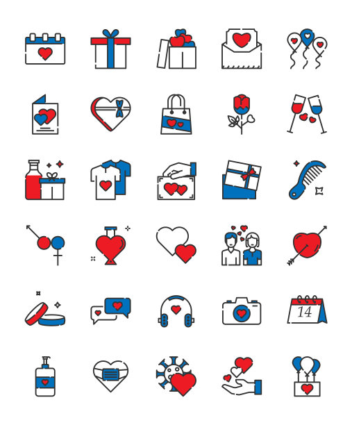 简单的一套填充线图标集的情人节图片下载