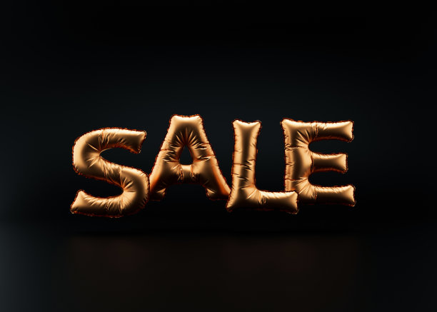 销售文本。黑色背景上的金箔气球字母。特价，好价格，优惠，购物。“黑色星期五”。3 d渲染。逼真的3d物体设计。副本的空间。图片下载