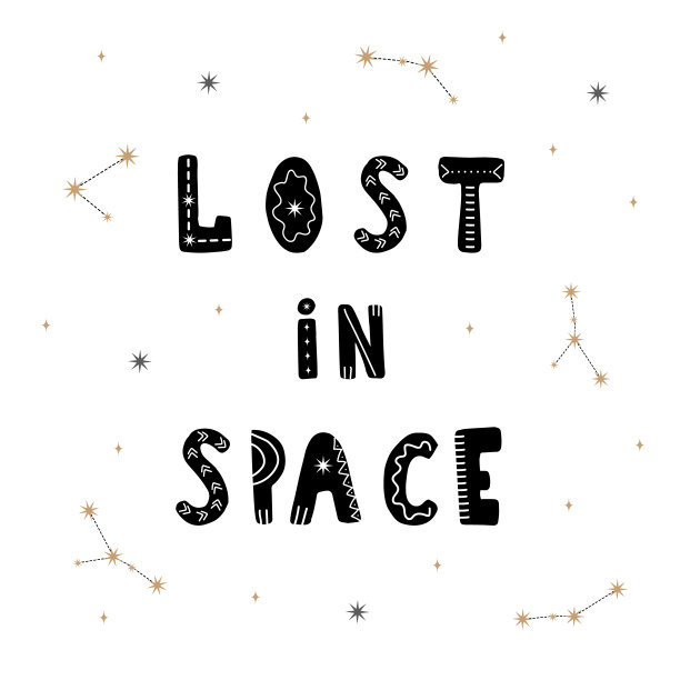 迷失在太空。手绘的宇宙字母报价的孩子。星系的短语。Hygge孩子海报。矢量插图在平面卡通风格。非常适合做卡片，邀请函，纺织品图片下载