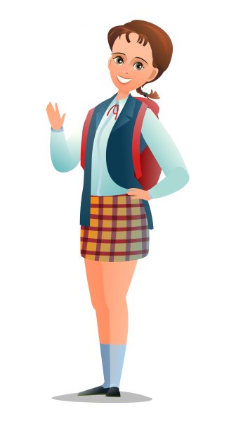 漂亮的小女生。穿着格子裙的活泼女生。站立姿势。卡通平面设计在漫画风格。单个的字符。插图孤立在白色背景上。向量图片下载