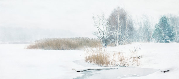 冬季开始时的湖区(全景)-水彩画图片下载