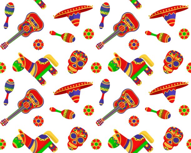 卡通彩色墨西哥节日无缝图案背景。向量图片下载