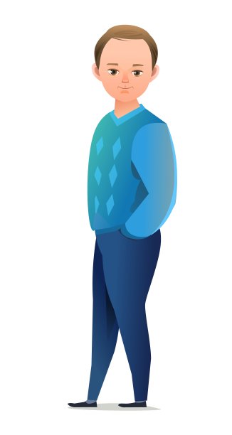 穿着裤子和毛衣的帅气小男孩。快乐的中年少年。开朗的人。站立姿势。漫画平面设计。单个的字符。插图孤立在白色背景上。向量图片下载