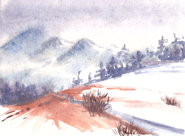 冬天的风景在山上用水彩画着图片下载