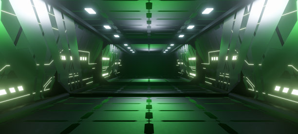 太空飞船上的科幻产品平台展示，背景为绿光。空间技术的概念。三维演示图片下载