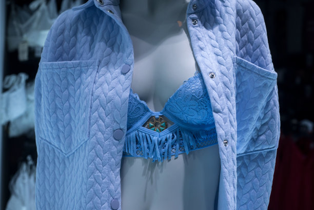 时装店陈列室的模特穿着蓝色蕾丝文胸图片下载