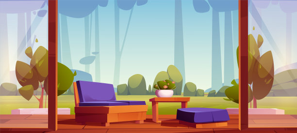 带森林景观的家庭露台，舒适的沙发，露台图片下载