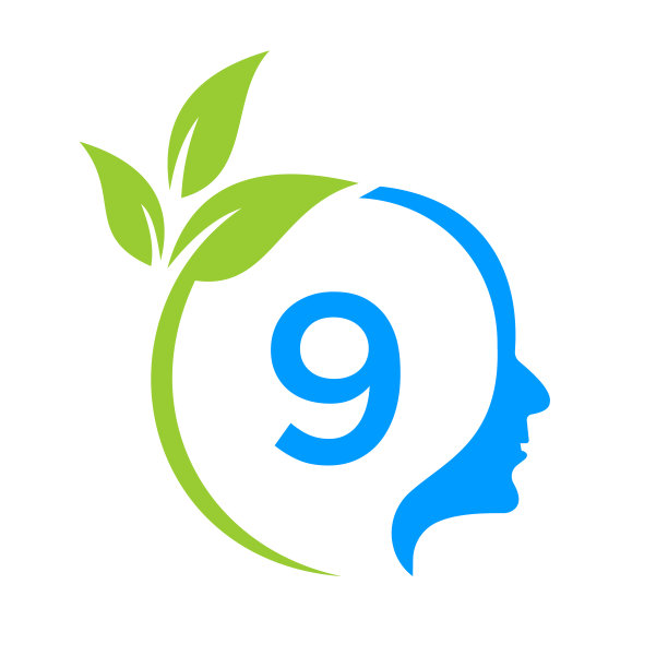 小树脑关于9个字母的标志设计。叶头标志模板保健与健身，生态叶头思维概念向量图片下载