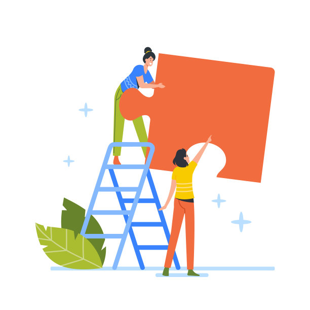 团队合作理念。带着巨大拼图的小人站在梯子上，试图一起找到解决方案图片下载