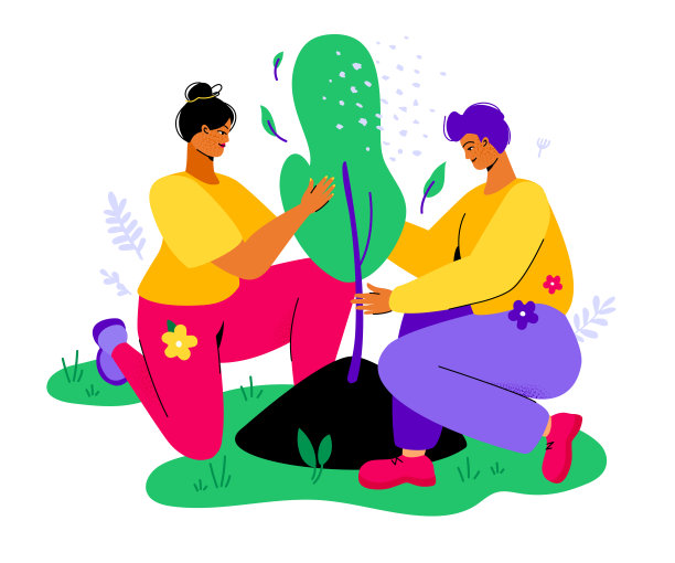 一起种植树木-彩色平面设计风格插图图片下载