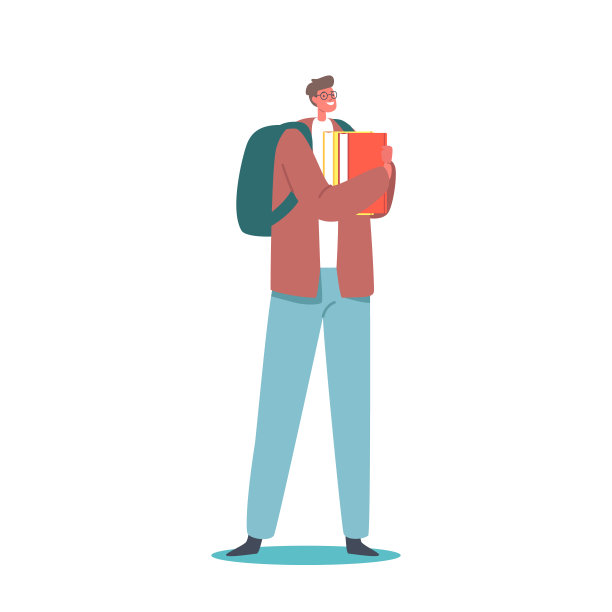 戴着眼镜，背着书包和书的年轻男子学生角色。男性获得教育知识的概念图片下载