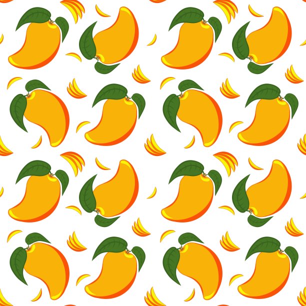 多汁的橘黄色芒果图案，上面有叶子、整个果实和切片。图片下载