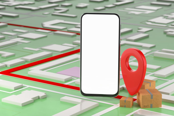 邮政递送服务的概念。导航地图背景上的智能手机模型。三维渲染图片下载