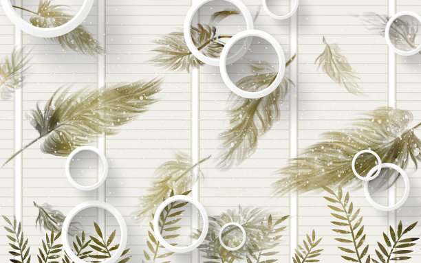 3d插图壁纸家居装饰。浅色的羽毛，白色的圆圈和白色背景的叶子图片下载