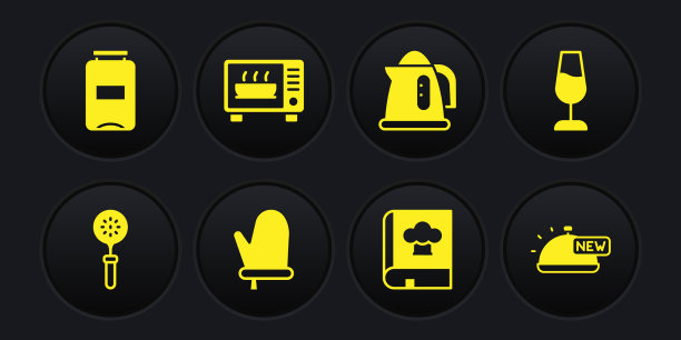 设置刮刀、酒杯、烤箱、手套、烹饪书图片下载