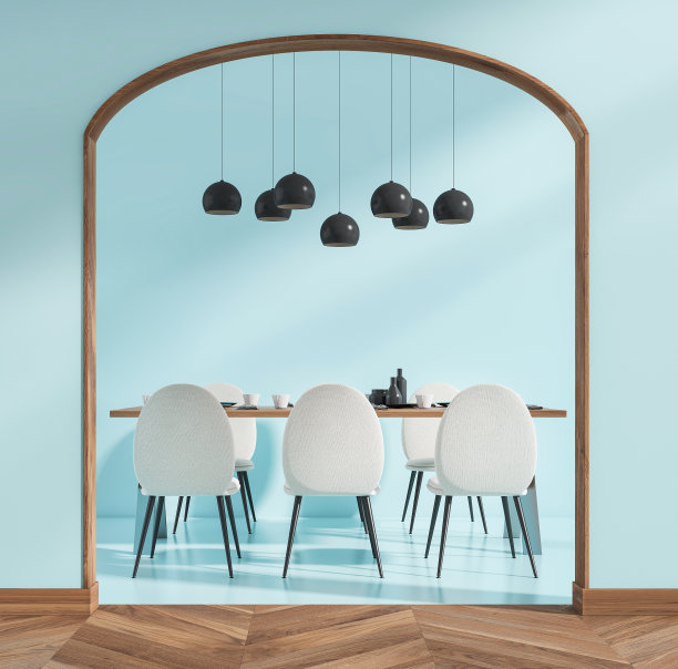 浅蓝色的餐厅内部有桌子和六把椅子，拱门入口图片下载