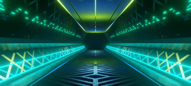 赛博朋克俱乐部未来走廊飞船内部幻影辉光照明暗卡其色现代房间技术背景用作背景3D渲染图片下载